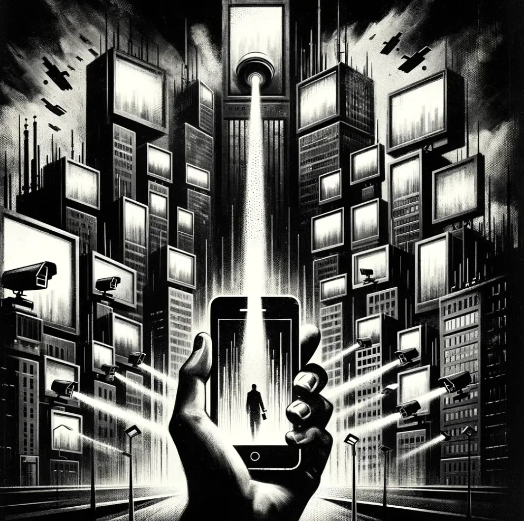 A black and white, artistic cover image in the style of George Orwell, depicting a dystopian scene where media and technology are used for surveillance and manipulation. The background shows towering screens and cameras watching over a cityscape. In the foreground, a person holds a smartphone, with data streams flowing from the device, symbolizing the pervasive control of information. The overall design should be more abstract and artistic, with strong contrasts and a dark, foreboding atmosphere