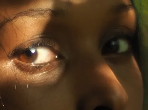 Ausschnitt auf Pixelebene ihrer Augen, das beleuchtete Auge scharf mit Wimpern und einem Aufhelllicht, das andere Auge im Schatten