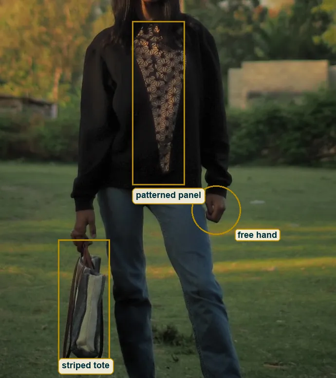 Crop of the woman's torso and hands, the striped tote in one hand, the other hand empty, the patterned panel boxed
