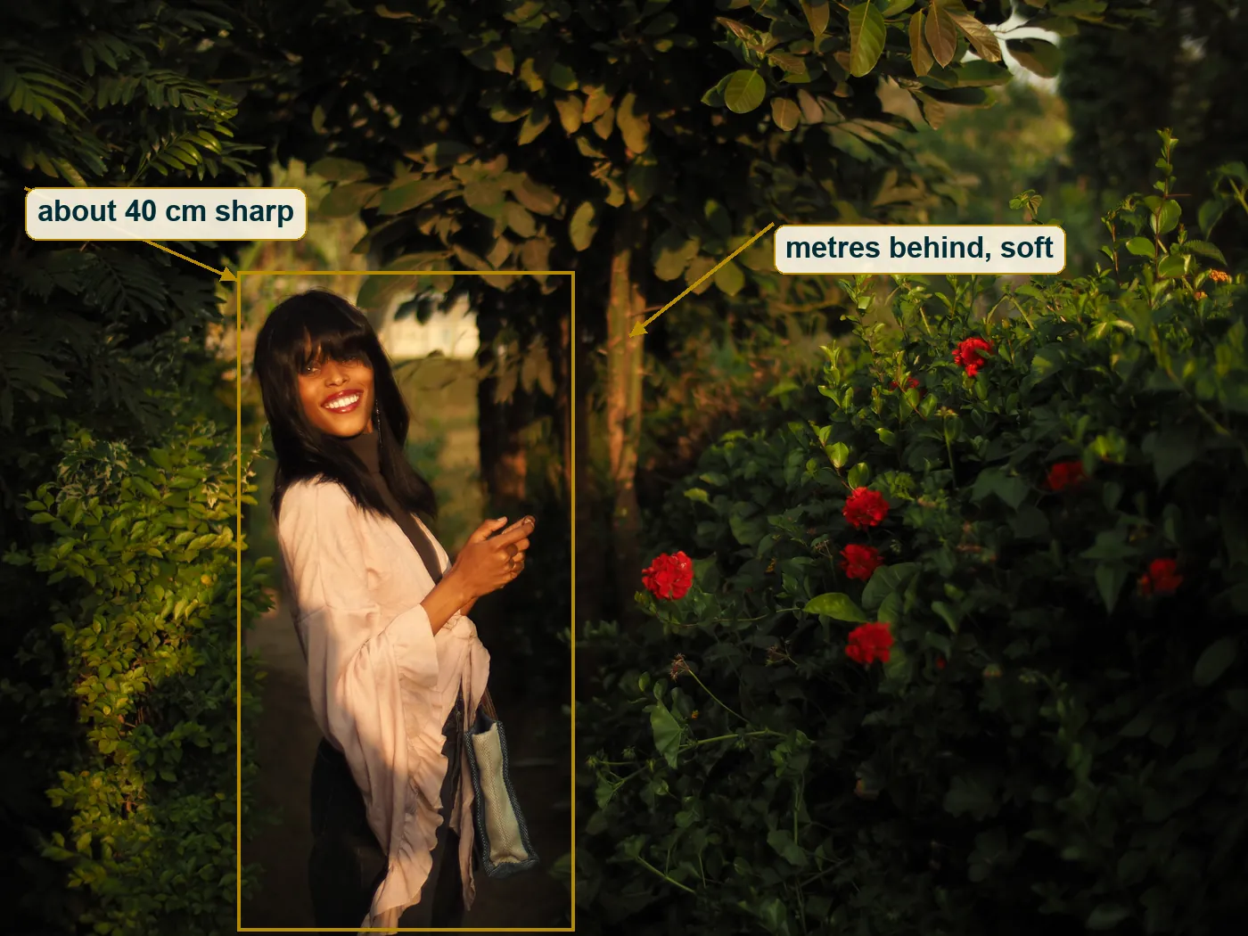 Full frame with a box around her as the sharp zone and arrows to the soft background