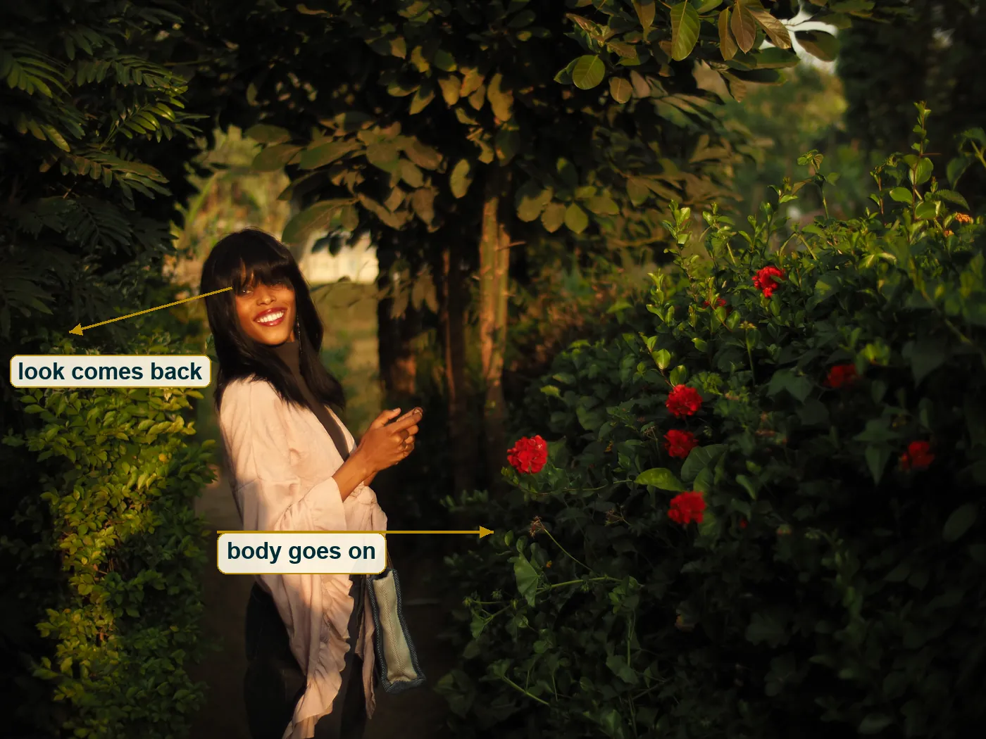 Full frame with one arrow for where her body goes and one for where her look comes back
