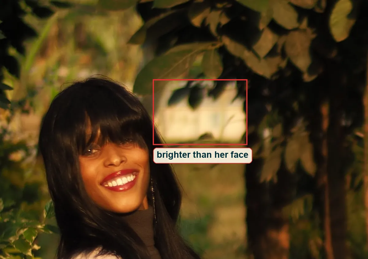 Crop of her head with the bright opening beside her hair boxed in red