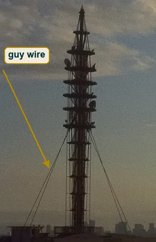 Unscaled crop of the lattice mast with its guy wires against the sky