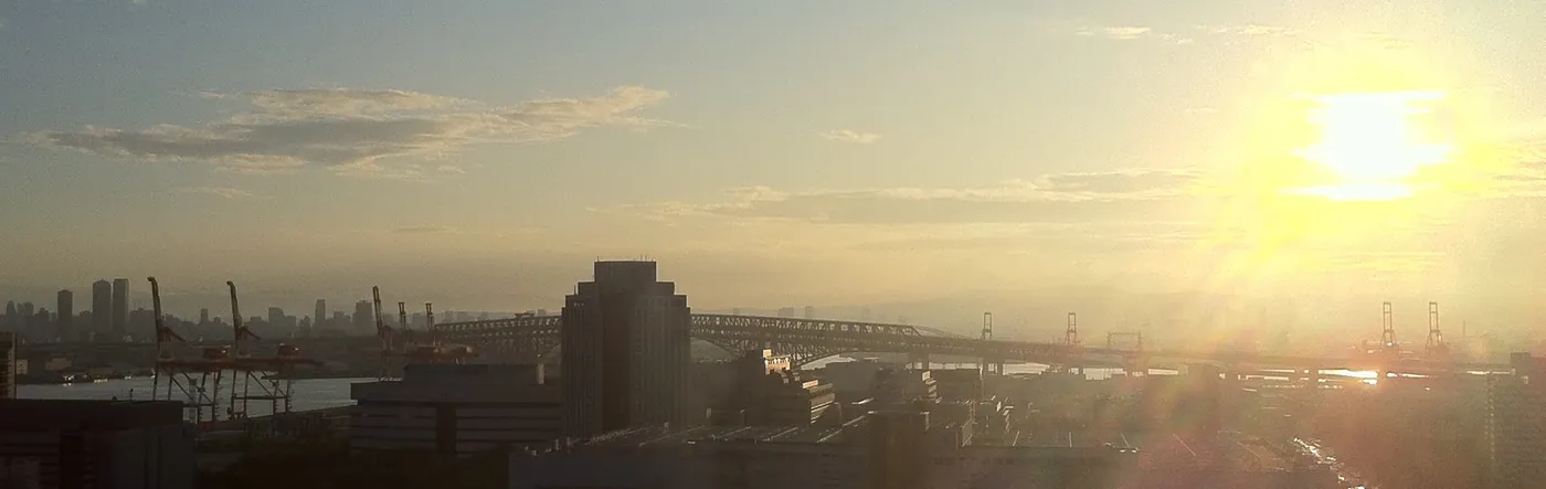 Wide crop of the hazy cranes, bridge and pale sun, the part that echoes Monet