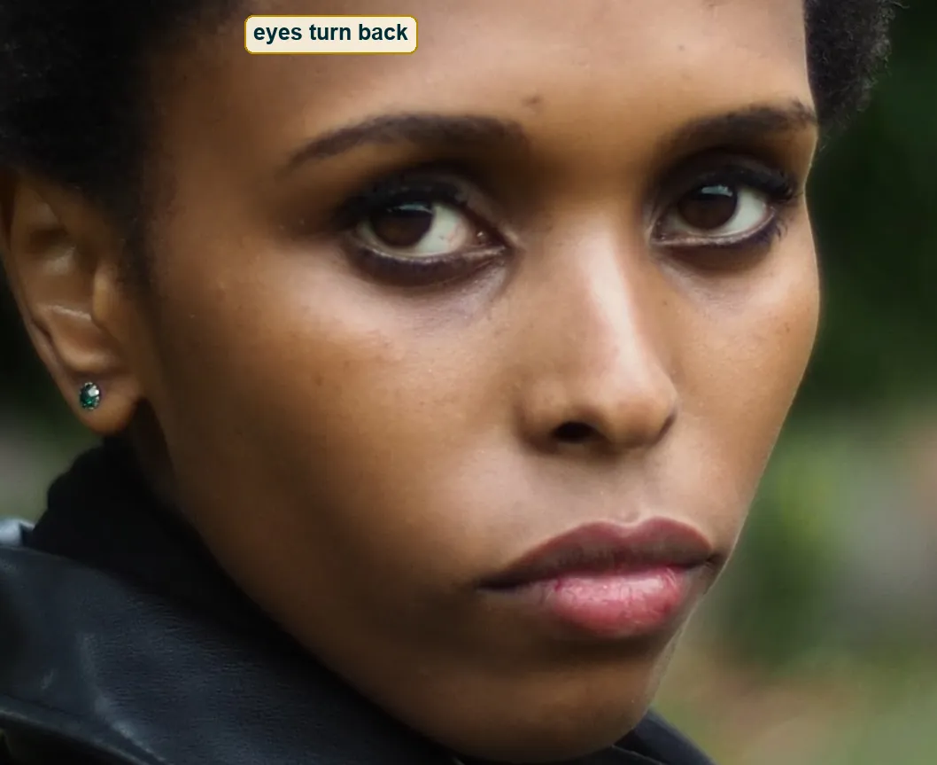 Tight crop of the face from brow to chin, the head angled away and the eyes turned back to the lens
