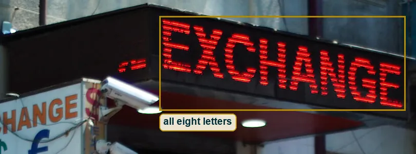 Crop of the red LED sign with all eight letters lit