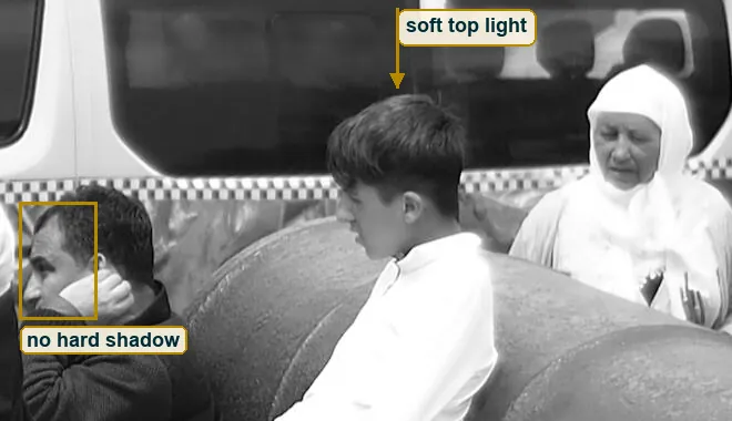 Crop of the seated man and the leaning boy with an arrow showing soft light from above and a box on a face without hard shadow