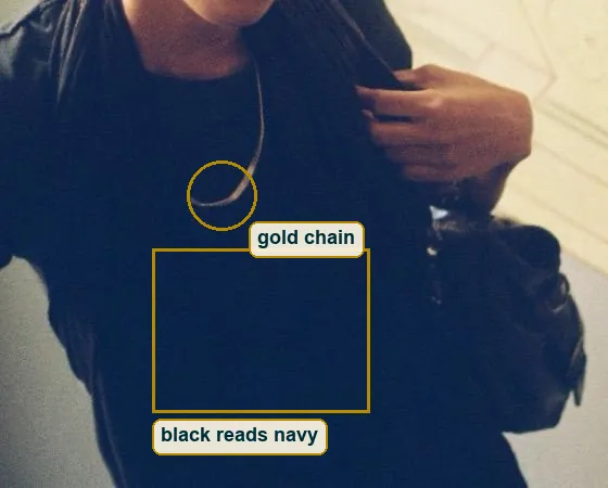 Crop of her black shirt and gold chain, the black reads as deep navy