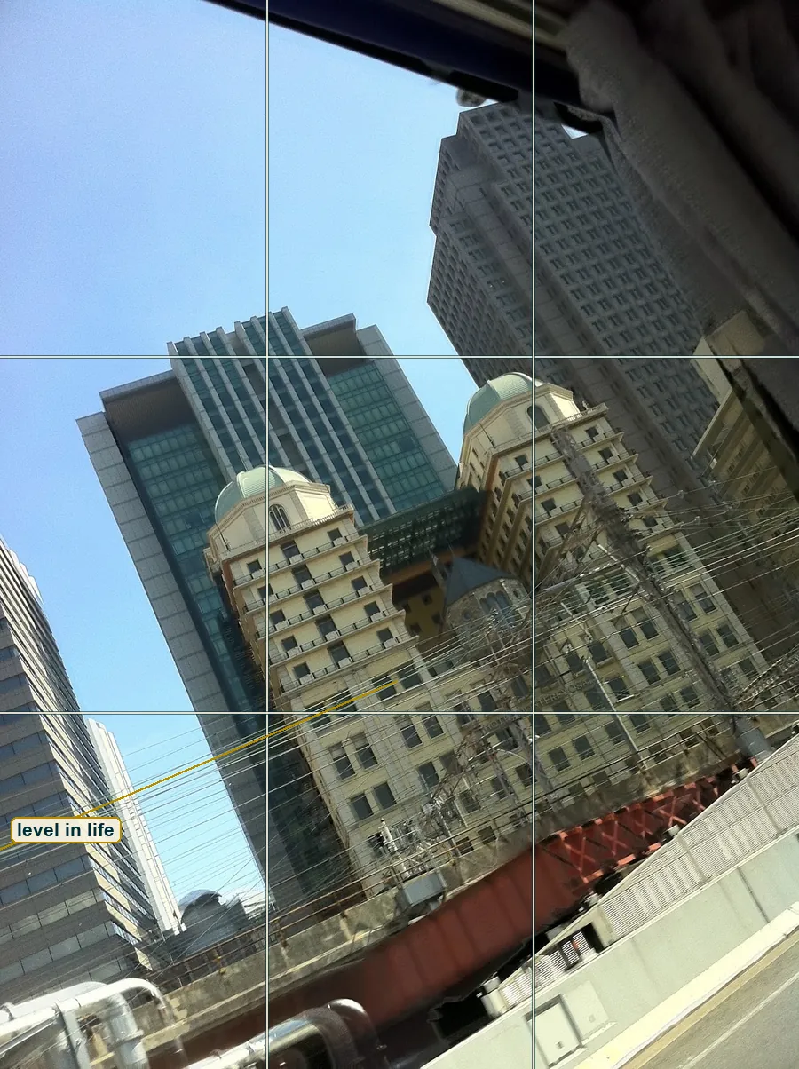 Full frame with a thirds grid and one wire traced, rising about twenty three degrees