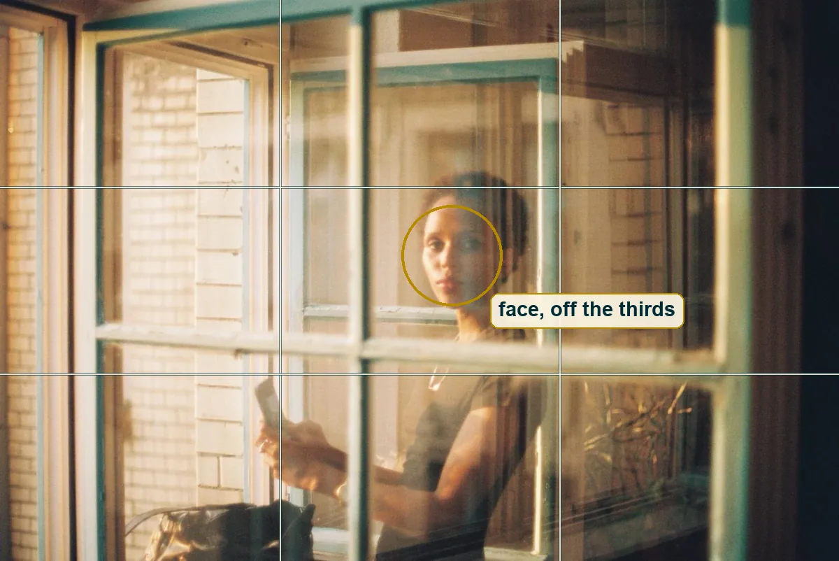 The full photo with a rule-of-thirds grid and her face circled between the lines
