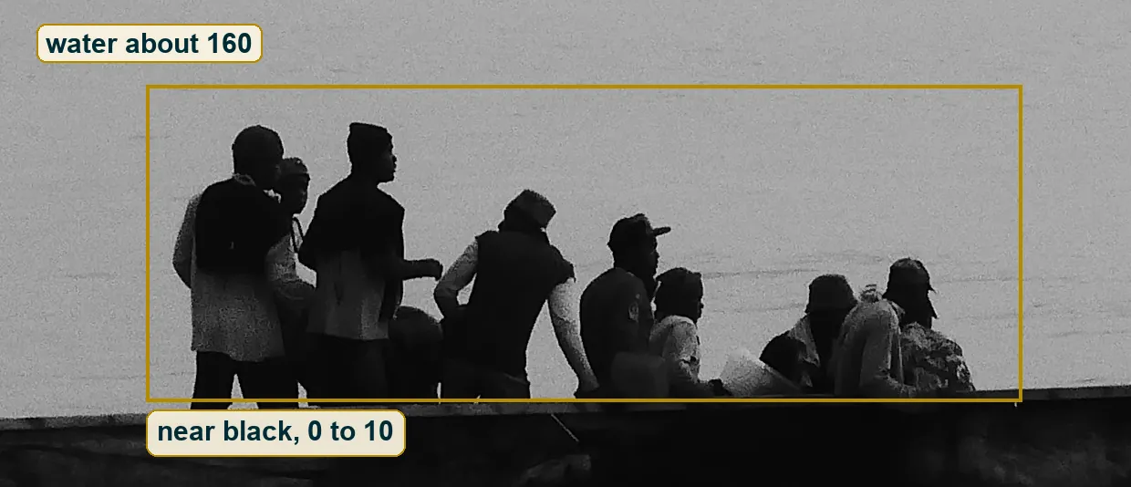 Crop of the passengers as dark shapes against pale water